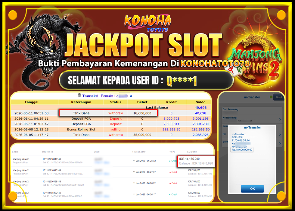 KONOHATOTO78 JACKPOT MAHJONG WINS 2 Rp.Rp.18.600.000,- LUNAS